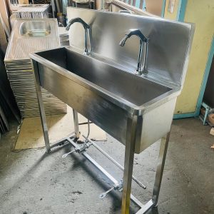 stainless steel foot operated sink pedal operated hand wash two taps sink Foot Pedal Operated Hand Wash Sink Basin ASL Engineering Kenya Nairobi ASL Products sinks in Kenya